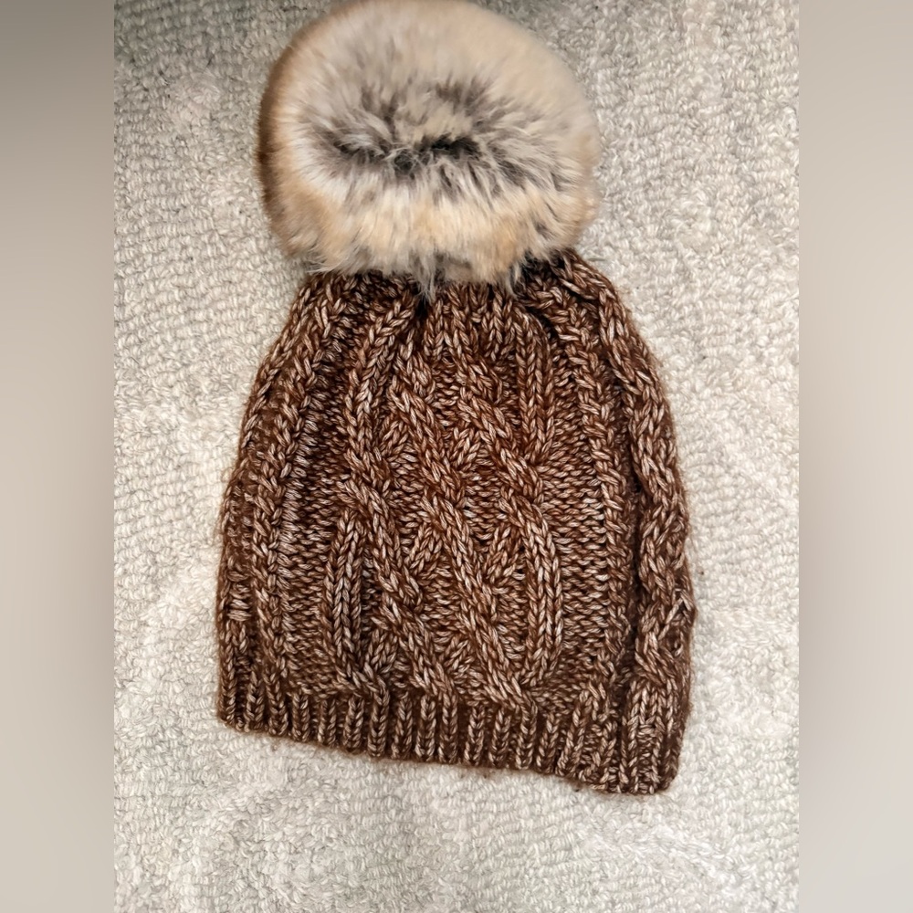 J Crew Brown Marl Cable Knit Hat with Faux Fur Pom